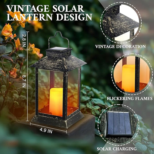 Metal Solar Lanterns Outdoor Waterproof, Hanging Solar Flickering Flame Lights Outdoor for Front Porch Decor, Outdoor Patio, Garden,Balcony,Porch, Christmas, Fall Decor, 2 Pack (Bronze Black)