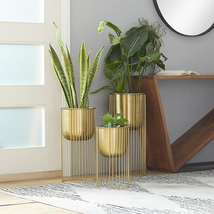Deco 79 Metal Indoor Outdoor Planter Deep Recessed Dome Large Planter Pot with Elevated Caged Stand, Set of 3 Planters 24", 20", 16"H, Gold