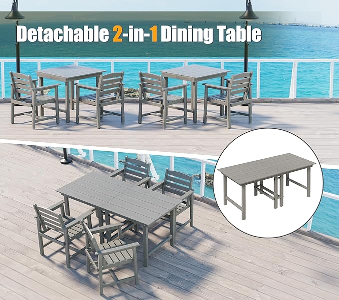 Anbuy Patio HDPE Dining Table Set, 5-Piece Outdoor Dining Table Sets, 2 in 1 Outdoor Furniture Table and 4 Outdoor Chairs for Garden, Backyard, Poolside, Easy Assembly, Grey