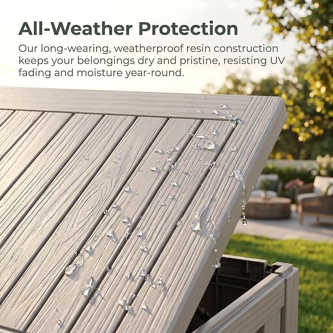 80 Gallon Deck Box, Waterproof Resin Outdoor Storage Box Lockable for Patio Furniture, Fade Resistant Patio Side Table & Organizer for Garden Tools, Pool Floats, Outdoor Cushions, Light Coffee