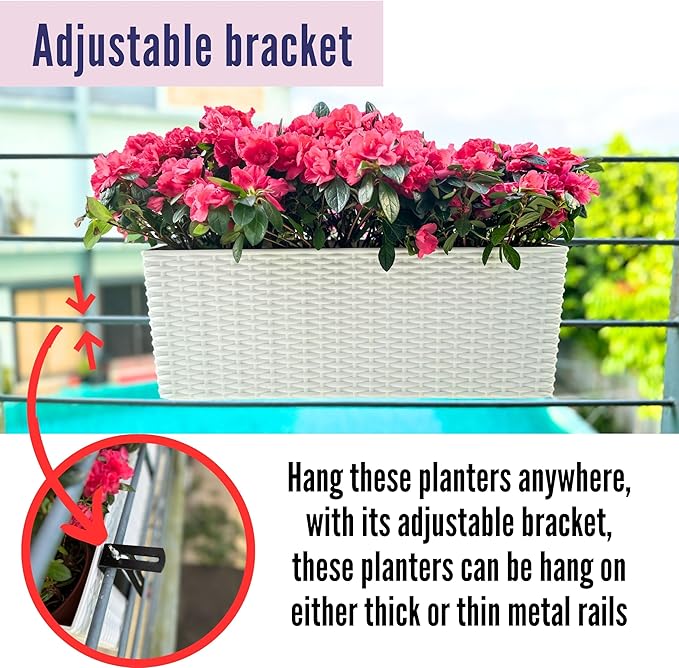 LaLaGreen Deck Railing Planter Box (20 Inch, 4 Pack) White Rectangular Window Flower Boxes with Bracket, Self Watering System Hanging Planter Box for Outdoor Plant Container Herb Rail Fence Balcony