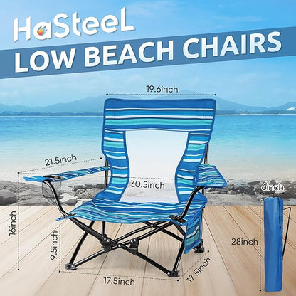 HaSteeL Folding Beach Chair Set of 2, Foldable Striped Camping Chairs for Outside, Low Beach Chair Portable for Adults Fishing, Picnic, Outdoor BBQ, Travel, Sports, Cup Holder & Storage Bag
