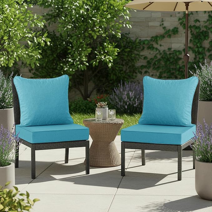 Summsun Faux Linen Outdoor Chair Cushions, Water Resistant Backrest and Deep Seat Cushion Set with Removable Cover, Straps, Non-Slip Bottom for Patio Furniture, 22 x 22 Inch, Teal, Set of 2