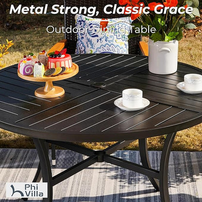 PHI VILLA 5 Piece Outdoor Round Dining Table Set for 4, 42” Metal Dining Table with Umbrella Hole & 4 Cushioned Wicker Chairs for Patio, Deck, Yard, Porch