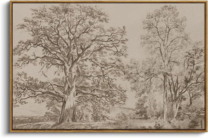 InSimSea Framed Canvas Prints Vintage Decor, Rustic Nature Sketch Tree Landscape Paintings Wall Art, Large Countryside Farmhouse Hanging Wall Decor for Living Room Bedroom, 24x36inch