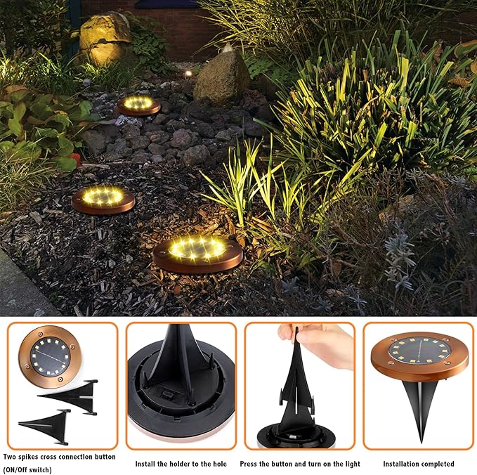 JKIMK Solar Ground Lights Outdoor Waterproof Flat Garden Solar Disk Lights Outdoor Floor Lights 12 LED 4 Pack for Garden Patio Pathway Landscape Driveway Yard Path Decor