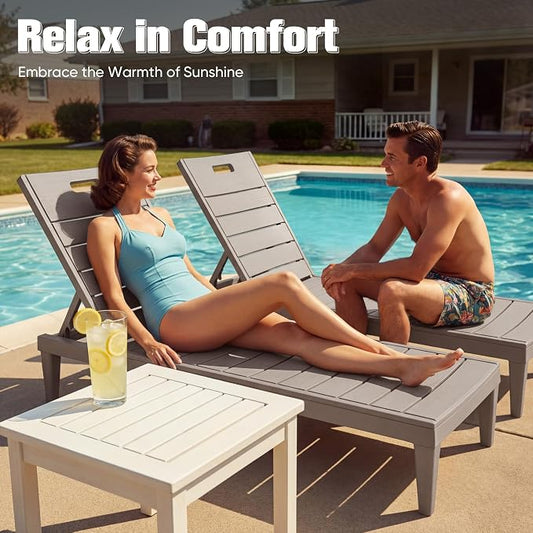 Devoko Outdoor Chaise Lounge Chair Set of 2 with 5-Position Adjustable Back, Waterproof & Lightweight PP Lounge Chairs for Outside Pool Patio (Light Brown)