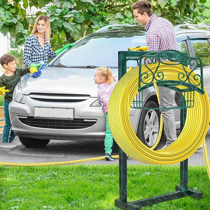 Garden Hose Holder for Outside - Upgraded Water Hose Holder Holds with Storage Basket, Heavy Duty Metal Freestanding Garden Hose Storage Reel Rack for Outdoor Yard Lawn (Green)