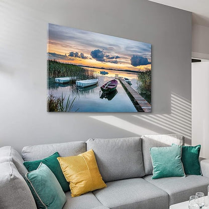 Lake Landscape Canvas Wall Art: Modern Nature Sunrise Gallery Artwork Relaxing Long Pier Sand Scenery Prints Large Boat Shore Scene Picture Colorful Mountain Sunset Painting for Living Room