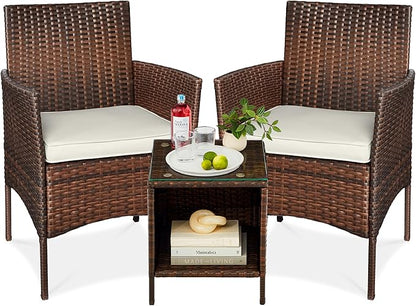 Best Choice Products 3-Piece Outdoor Wicker Conversation Bistro Set, Space Saving Patio Furniture for Garden w/Side Table - Brown/White Sand