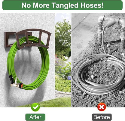 2 Pack Garden Hose Holder Wall Mounted, Outdoor Heavy Duty Metal Water Hose Holder Hanger Holds 125-ft Water Pipe, Sturdy Detachable Hose Storage Organizer Reel Rack for Outside Garden Lawn, Bronze