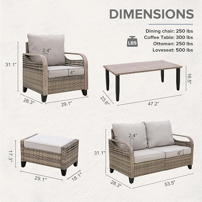 COOS BAY Modern Wicker Outdoor Furniture Set, Patio Conversation Set with Patio Chairs, 2 Seat Loveseat, Ottomans, and Coffee Table, 6 Piece, Brown/Gray