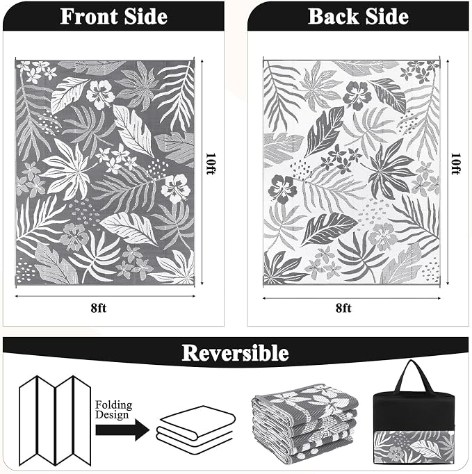Pauwer Waterproof Outdoor Rug 8x10, Reversible Plastic Straw Patio Camping Rug, Indoor Outdoor RV Mat Carpet for Deck, Camper, Porch, Balcony, Backyard, Picnic, Floral Grey