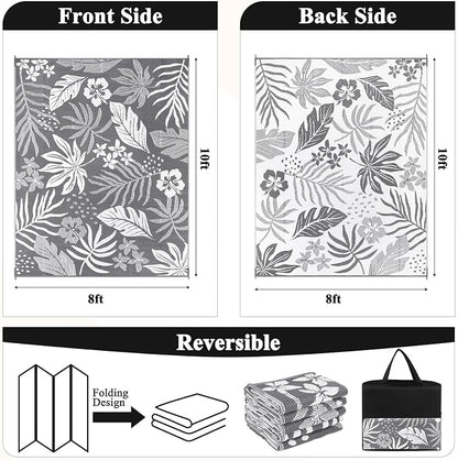 Pauwer Waterproof Outdoor Rug 8x10, Reversible Plastic Straw Patio Camping Rug, Indoor Outdoor RV Mat Carpet for Deck, Camper, Porch, Balcony, Backyard, Picnic, Floral Grey