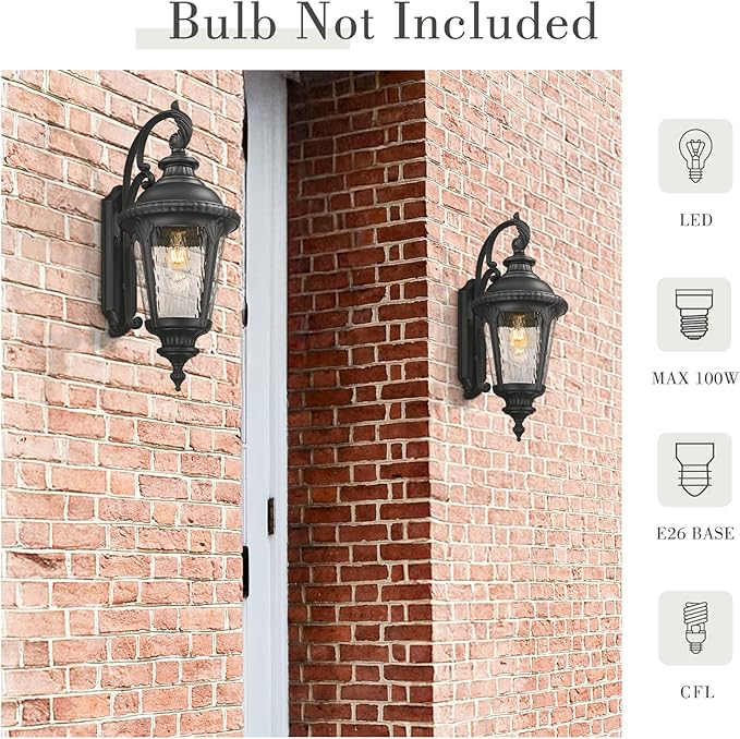 Emliviar 28.4" Large Outdoor Wall Lantern, Farmhouse Exterior Porch Light for House, Black Finish with Water Ripple Glass, XE265B-SW BK