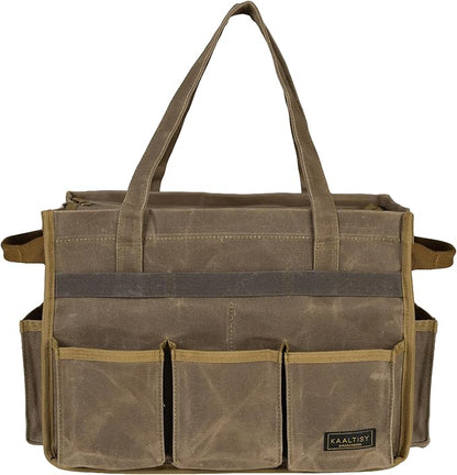 Canvas Tool Tote Bag, Heavy Duty 16oz Waxed Canvas Tool Pouch with Metal Zipper & 12-Pocket | Multi-Purpose Garden Tool Storage Carrier for Gardener Craftsman Contractor | Brownish Grey
