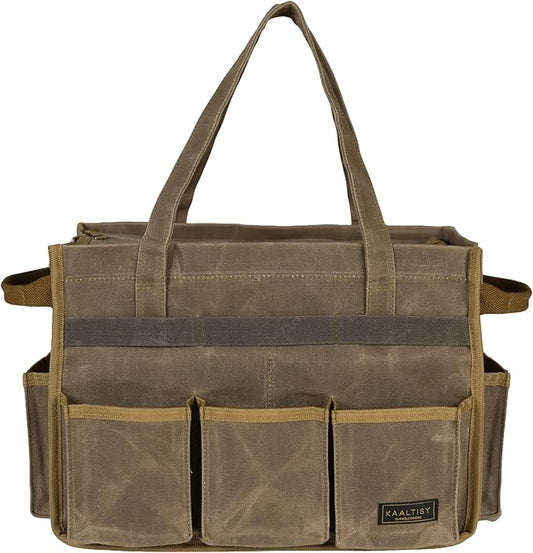 Canvas Tool Tote Bag, Heavy Duty 16oz Waxed Canvas Tool Pouch with Metal Zipper & 12-Pocket | Multi-Purpose Garden Tool Storage Carrier for Gardener Craftsman Contractor | Brownish Grey