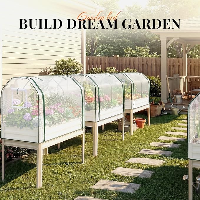 King Bird Large Raised Garden Bed with Cover Galvanized Elevated Planter Box with Legs 48×24×56 in for Backyard, Patio, Balcony, 700lb Capacity, Beige