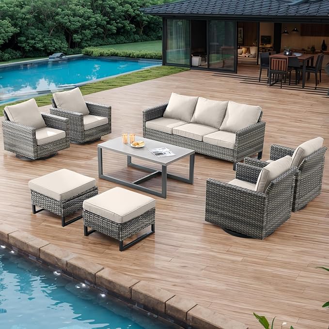 Wicker Outdoor Patio Furniture Set - 8 Piece Patio Conversation Set with 4 Swivel Rocker Chairs,2 Rattan Ottoman,1 Couch and 1 Metal Coffee Table for Outside Porch Deck Backyard(Mixed Grey/Beige)