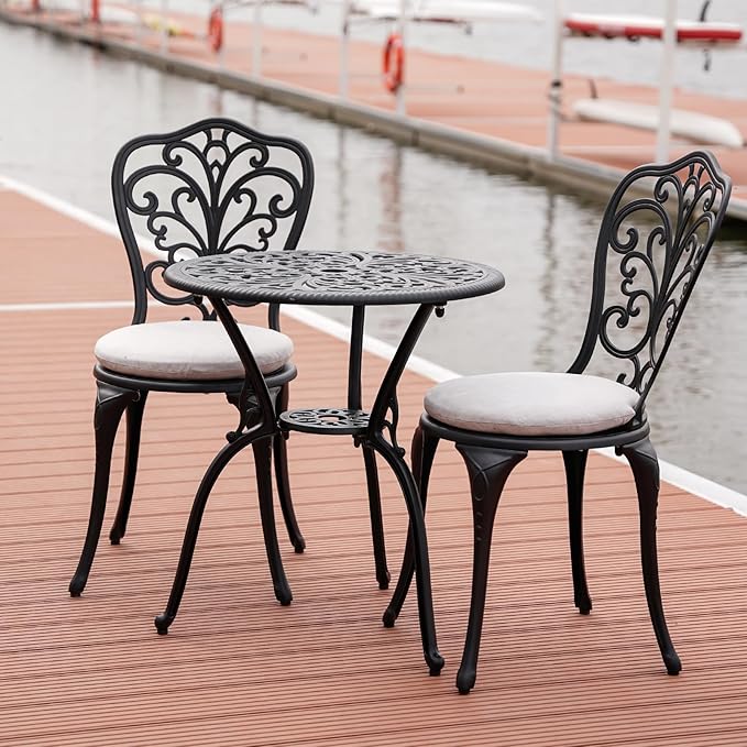 3 Piece Bistro Patio Set Cast Aluminum Bistro Table and Chairs Set of 2 with Cushion,Outdoor Bistro Table Set with Umbrella Hole,Metal Patio Furniture Set for Garden,Black