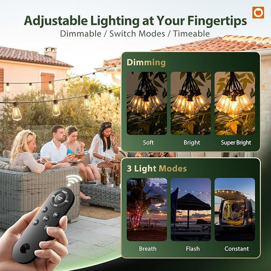 addlon 102FT(96+6) LED Solar String Lights Outdoor Waterproof, 48+4 Shatterproof Edison Bulbs, 3 Modes, Timeable, Dimmable, Outdoor Lights Solar Powered Patio Hanging Solar Lights for Outside Garden