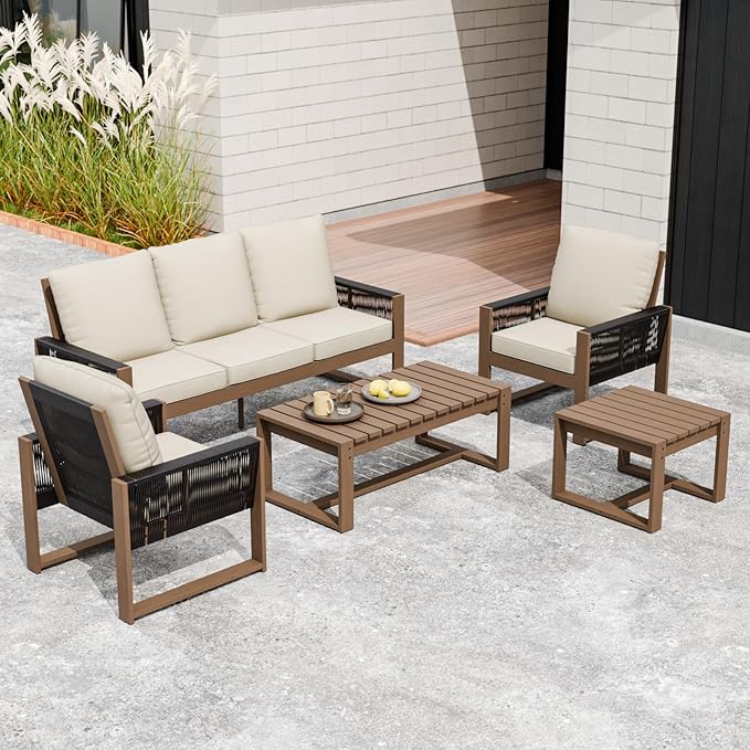 Rustic Hideaway Natural Cedar Wood Outdoor Furniture Set, Wicker Patio Conversation Set for Porch Garden Backyard, Couch, Patio Chairs, Tables, 5 Piece, Brownish/Beige