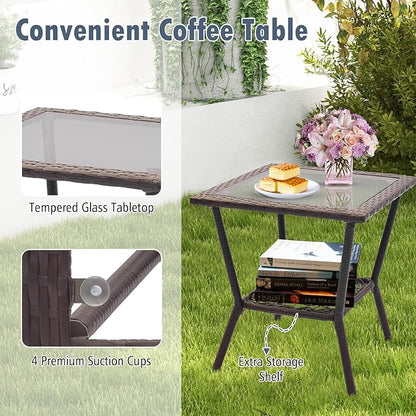 HAPPYGRILL 3 Pieces PE Rattan Rocking Bistro Set, Rocking Chairs with 2-Tier Coffee Table, Thick Pillows and Cushions, Outdoor Conversation Set for Porch, Garden and Poolside, (Gray)