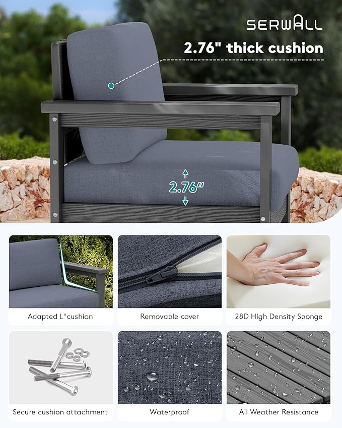 SERWALL 2 Pieces Single Cushioned Sofa Chair, Grey HDPE Outdoor Adirondack Lounge Armchair with Grey Cushion