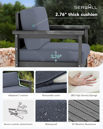 SERWALL 2 Pieces Single Cushioned Sofa Chair, Grey HDPE Outdoor Adirondack Lounge Armchair with Grey Cushion