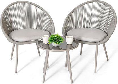 NUU GARDEN 3 Piece Outdoor Bistro Set, Woven Rope Conversation Patio Set, All Weather Patio Furniture Chairs and Table with Cushions for Garden, Deck, Backyard, Balcony, Porch, Beige