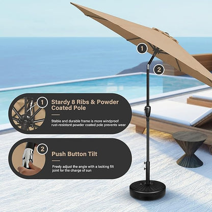 Simple Deluxe 9FT Outdoor Patio Umbrella Table Market Umbrella with Push Button Tilt and Crank and 50lbs Base Stand, for Garden, Lawn, Deck, Backyard, Pool, Tan