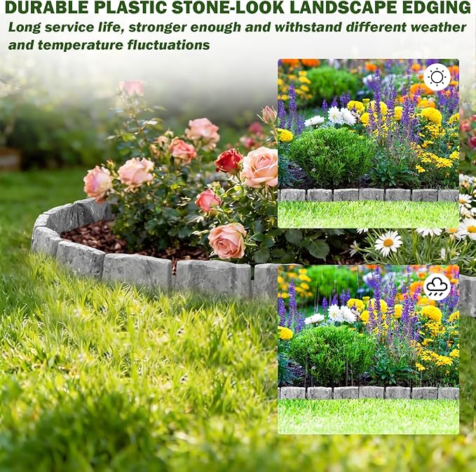 Landscape Edging Faux Stone Edging Garden Edging Border,68FT x 2.75 in Tall Decorative Stone-Look Garden Border for Flower Bed Edging,Yard Edging,Lawn Trees and Gardens,with Anchoring Spikes,Gray