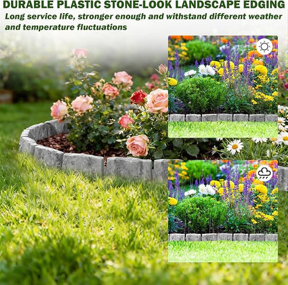 Landscape Edging Garden Edging Border Faux Stone Edging,91FT x 2.75 in Tall Decorative Stone-Look Garden Border for Flower Bed Edging,Yard Edging,Lawn Trees and Gardens,with Anchoring Spikes,Gray