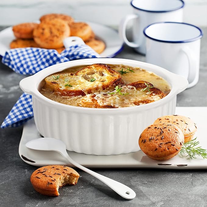 14 oz Porcelain Ramekins Oven Safe, 6 Pack Large Ceramic Creme Brulee Souffle Baking Dishes with Handle, 5 Inch French Onion Soup Bowls for Ramen, Stew, Lava Cakes, Pot Pie, White