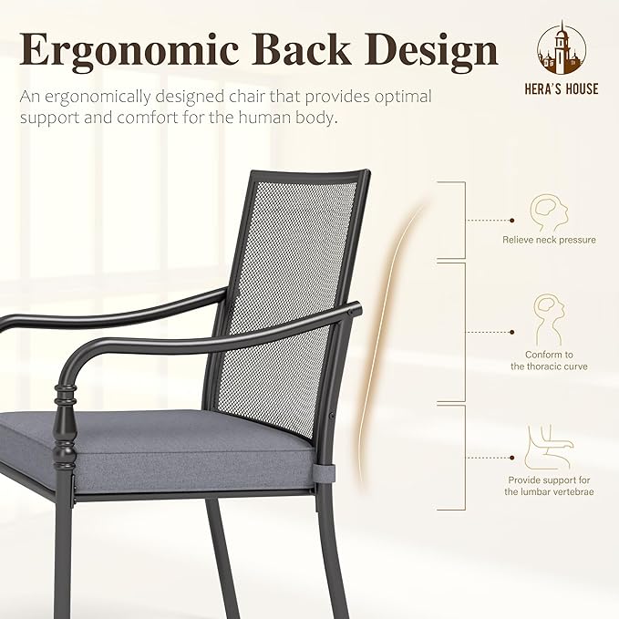 HERA'S HOUSE Outdoor Patio Chairs Set of 4, Garden Lawn Backyard Metal Dining Chairs with Arms and Seat Cushions