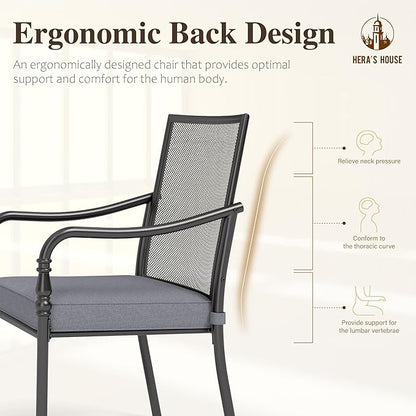 HERA'S HOUSE Outdoor Patio Chairs Set of 4, Garden Lawn Backyard Metal Dining Chairs with Arms and Seat Cushions