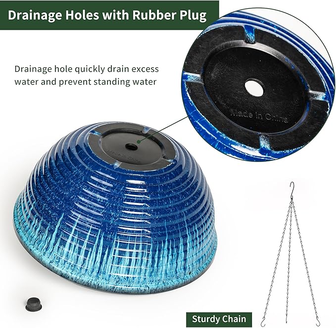 12 inch Large Hanging Planters for Indoor Outdoor Plants, Set of 2 Glazed Hanging Flower Pots with Drainage Hole, Hanging Baskets for Garden Home Porch Decor