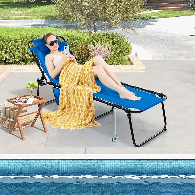 Goplus Chaise Lounge Chair, Outdoor Folding 5-Postion Beach Lounge Chair with Detachable Pillow, Side Pocket, Adjustable Tanning Chair for Patio Lawn Pool Yard