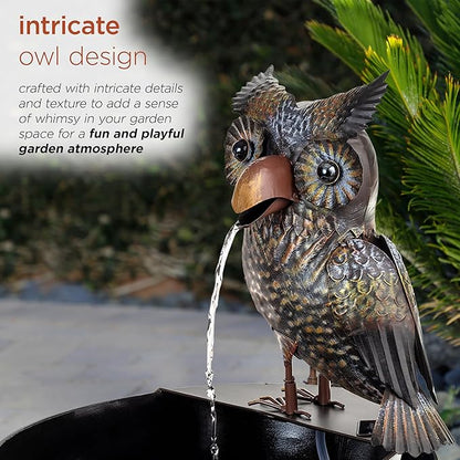 Alpine Corporation NCY294 23" Outdoor Floor Soothing Metal Water Fountain, Vintage Owl Garden Water Feature with Cascading Water for Patio & Backyard Décor, Brown