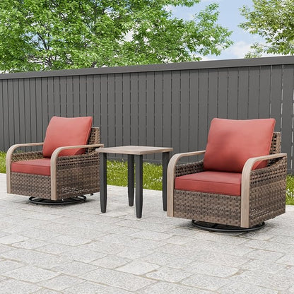 Modern Wicker Bistro Table and Chairs Set, Rattan Outdoor Bistro Set for Patio, Wicker Patio Swivel Rocking Chairs & Table, 3 Pieces, Brown/Red
