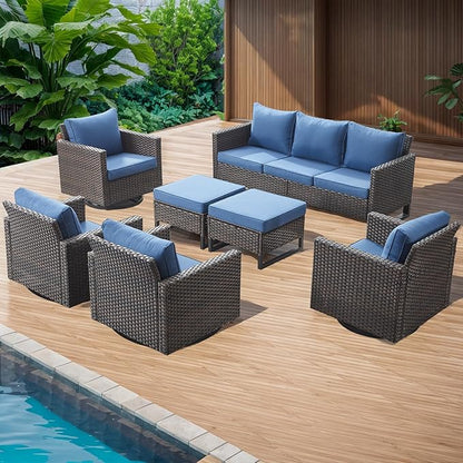 Rilyson Wicker Outdoor Patio Furniture Set - 7 Piece Patio Conversation Set with 4 Swivel Rocker Chairs,2 Rattan Ottoman and 1 Couch for Outside Porch Deck Backyard(Brown/Blue)