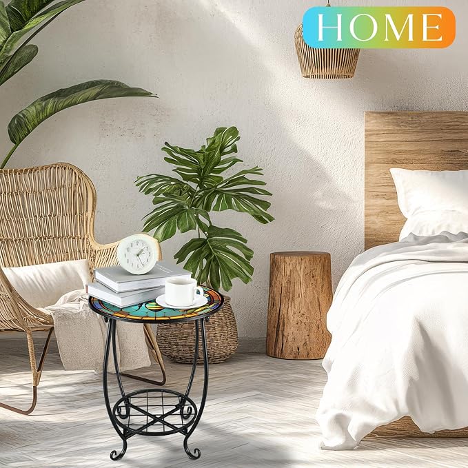 Cinnvoice Outdoor Side Table Round Small Mosaic Patio Accent Indoor End Plant Coffee Tea Table for Yard Patio Porch Garden Living Room, Bedroom(Bee Style,14 Inch)