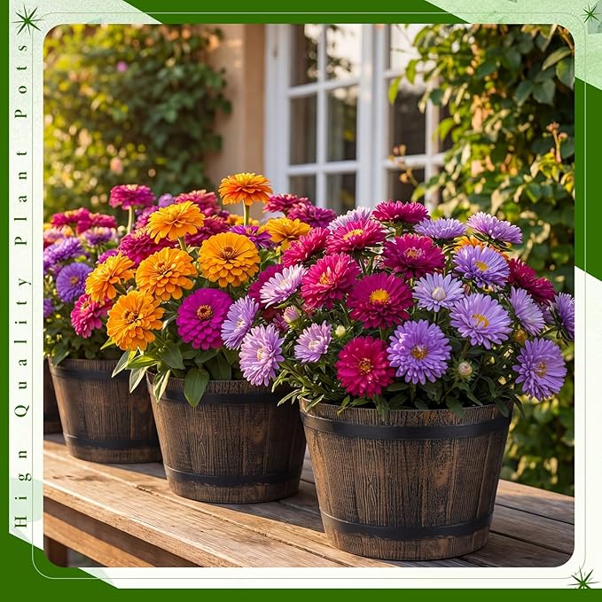 8 Pcs 9.17inch Plant Pots Whiskey Barrel Planter Flower Pot with Drainage Holes Plastic Decoration Large Flower Pots for Indoor Outdoor Plants Garden Home Plants for All Houseplants