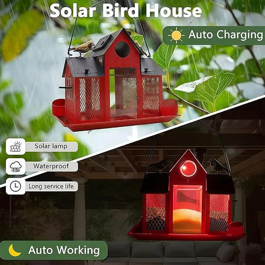 Solar Bird Feeders House for Outside Hanging, Metal Wild Bird Feeder for Outdoors Large Capacity Cardinal Birdfeeder Birdhouses Metal Bird Feeding Station Red
