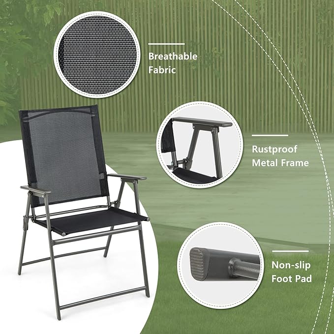 Giantex Patio Folding Chairs Set of 2, Outdoor Lawn Chairs with Rustproof Metal Frame, Portable Dining Chairs for Porch, Deck, Garden, Backyard, Camping