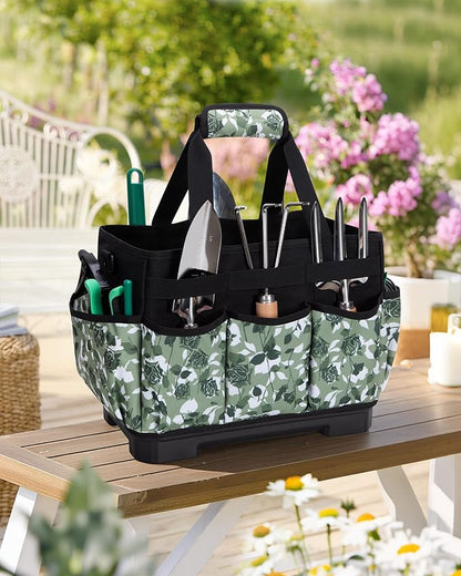 Marscamd Garden Tool Bag with Hard Bottom, Garden Tote with Shoulder Strap and Multiple Pockets (No Accessories Included), Green Rose