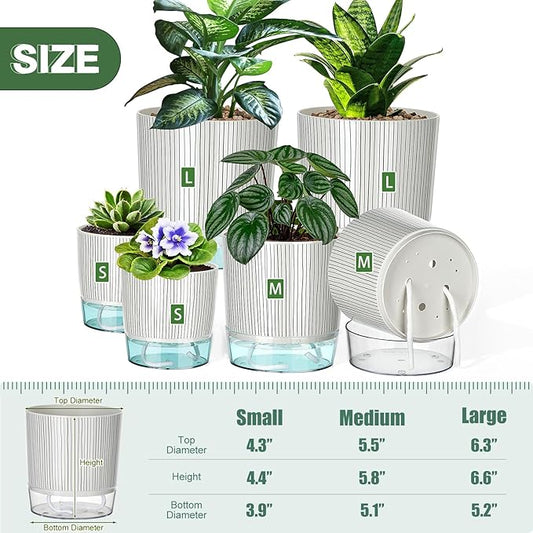 6 Pack Self Watering Pots for Indoor Plants, 4+5.5+6.3 Inch Self Watering Plant Pots Set, Flower Pots with Wick Rope and Reservoir for African Violet, Spider Plant, Orchid