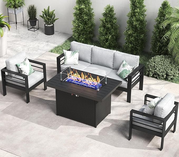 LayinSun Aluminum Furniture Set with Fire Pit Table, 4 Pieces Patio Sectional Conversation Chat Sofa Modern Seating Set