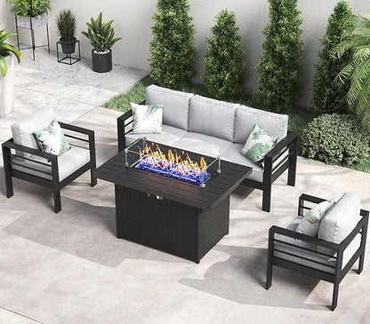 LayinSun Aluminum Furniture Set with Fire Pit Table, 4 Pieces Patio Sectional Conversation Chat Sofa Modern Seating Set