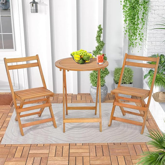 HAPPYGRILL Folding Patio Bistro Set Wood Chair Table Set with Slatted Acacia Wood Seat & Tabletop, Cozy High Back Chairs with Table, Outdoor Dining Set for Backyard, Poolside